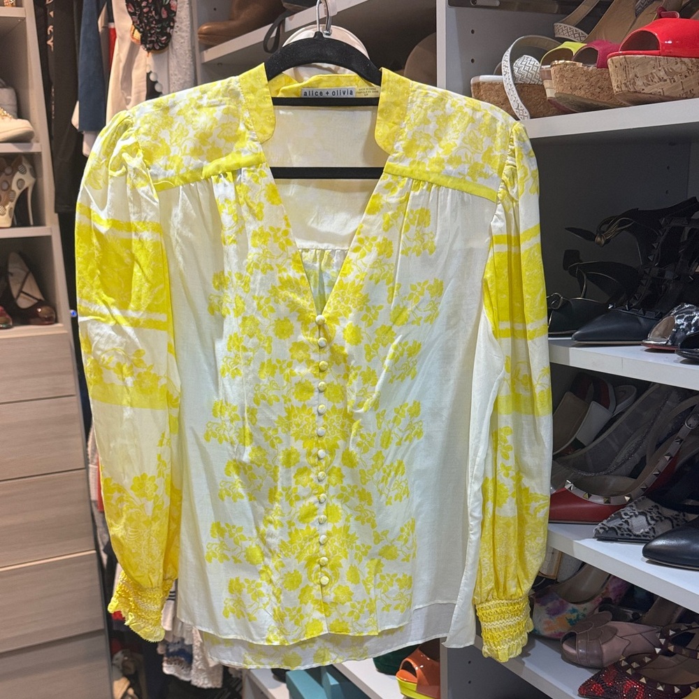 Alice + Olivia White and Yellow Floral Blouse